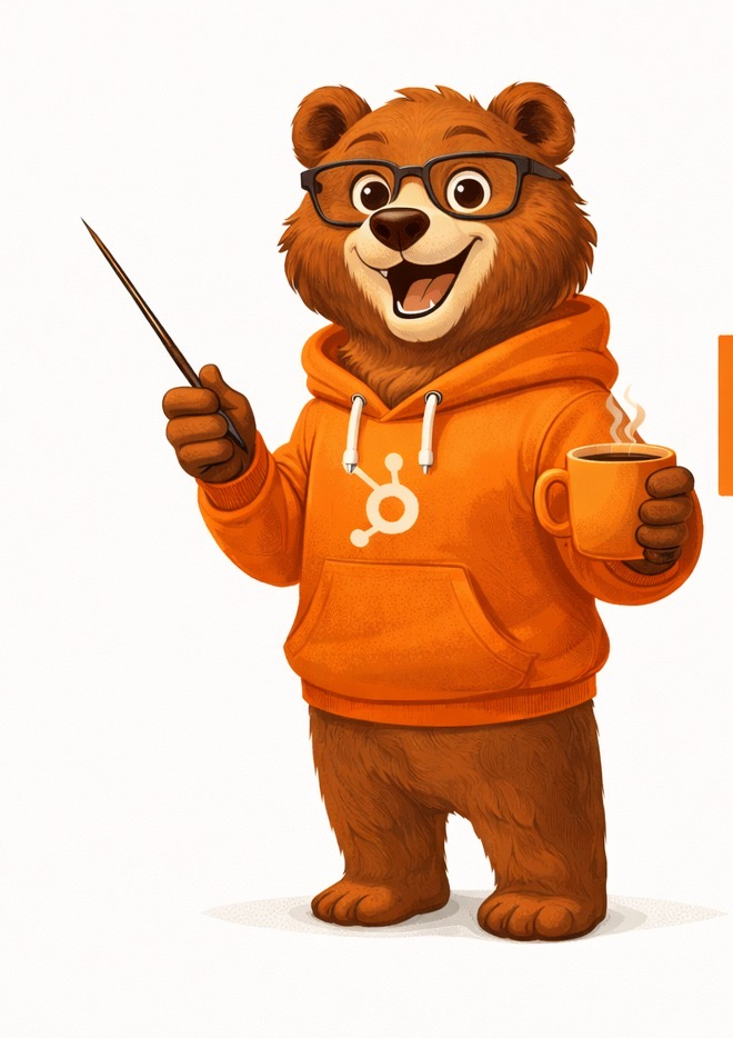 Mascota de BearRev, un oso con gafas y sudadera naranja sosteniendo un puntero y un café